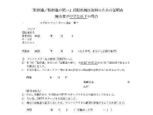 「脳振盪/脳振盪の疑い」段階的競技復帰のための証明書
